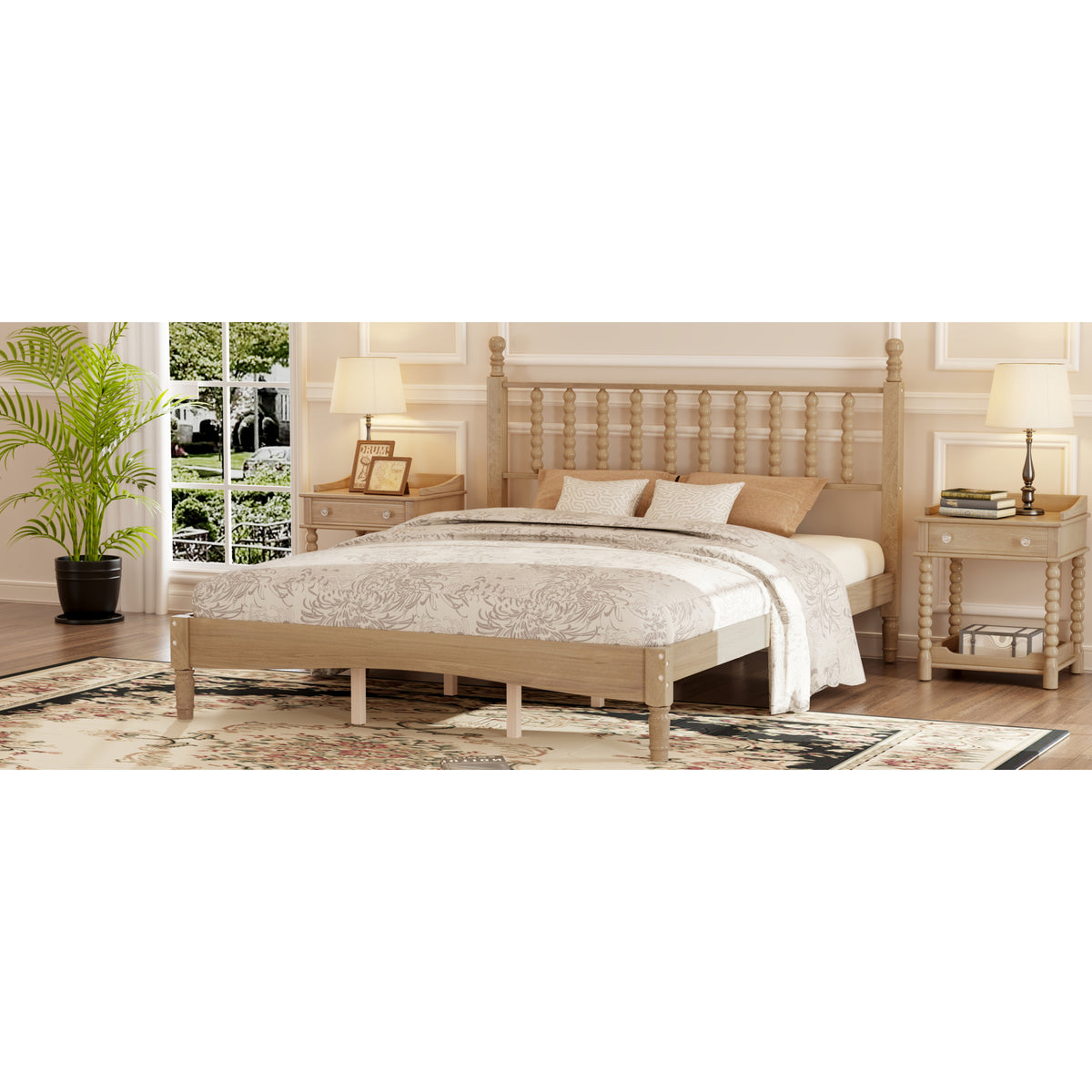 variant-group:rf-n733p206242m|Roomfitters Queen Size Wood Platform Bed with Gourd Shaped Headboard, Retro Style Platform Bed with Wooden Slat Support, Natural