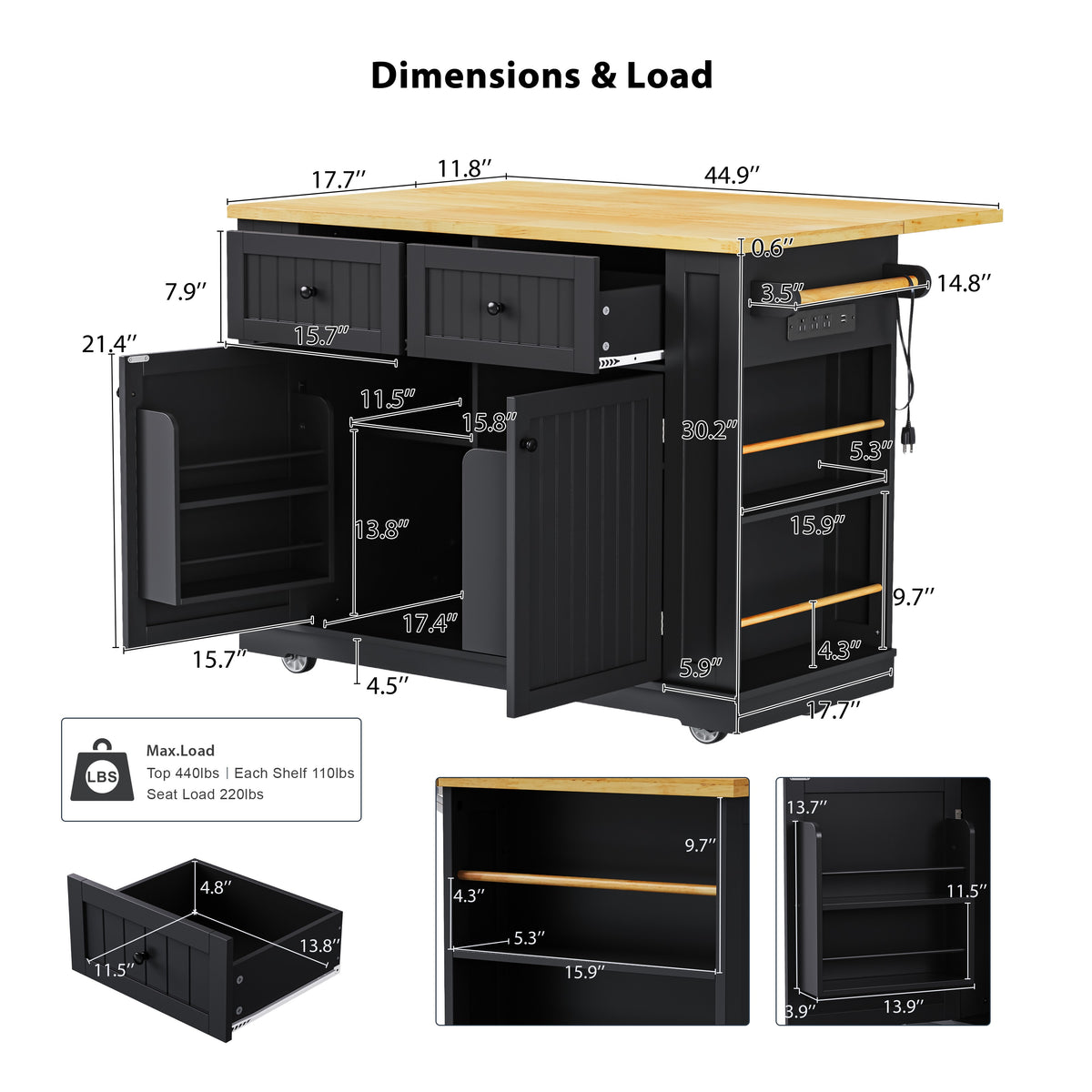 variant-group:rf-n707s257057b|Roomfitters 48" Kitchen Island with Power Outlet and Drop Leaf, Rolling Storage Cabinet with Wood Top and Spice Rack, Black
