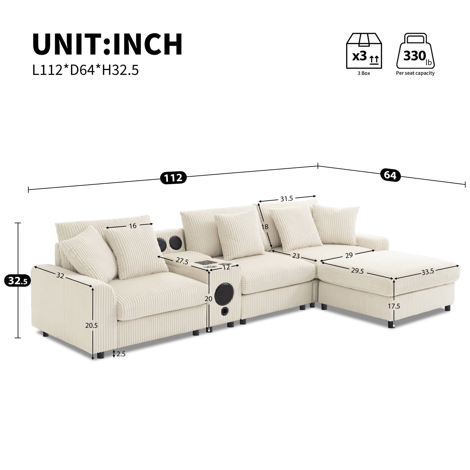 Roomfitters 112 Inch L-Shaped Modular Sectional Sofa with Bluetooth Speaker, Console and Cup Holders for Home, Cream Roomfitters