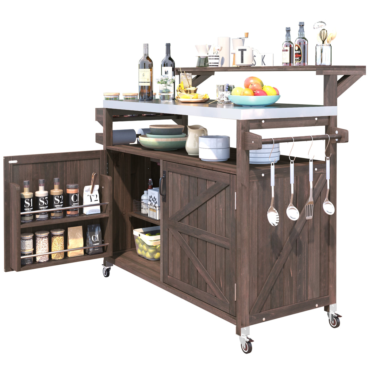 variant-group:rf-n707p250628z|Roomfitters 53.3" Outdoor Kitchen Island with Raised Shelf, Wood Storage Cabinet, Stainless Steel Top, Rolling Grill Cart, Brown