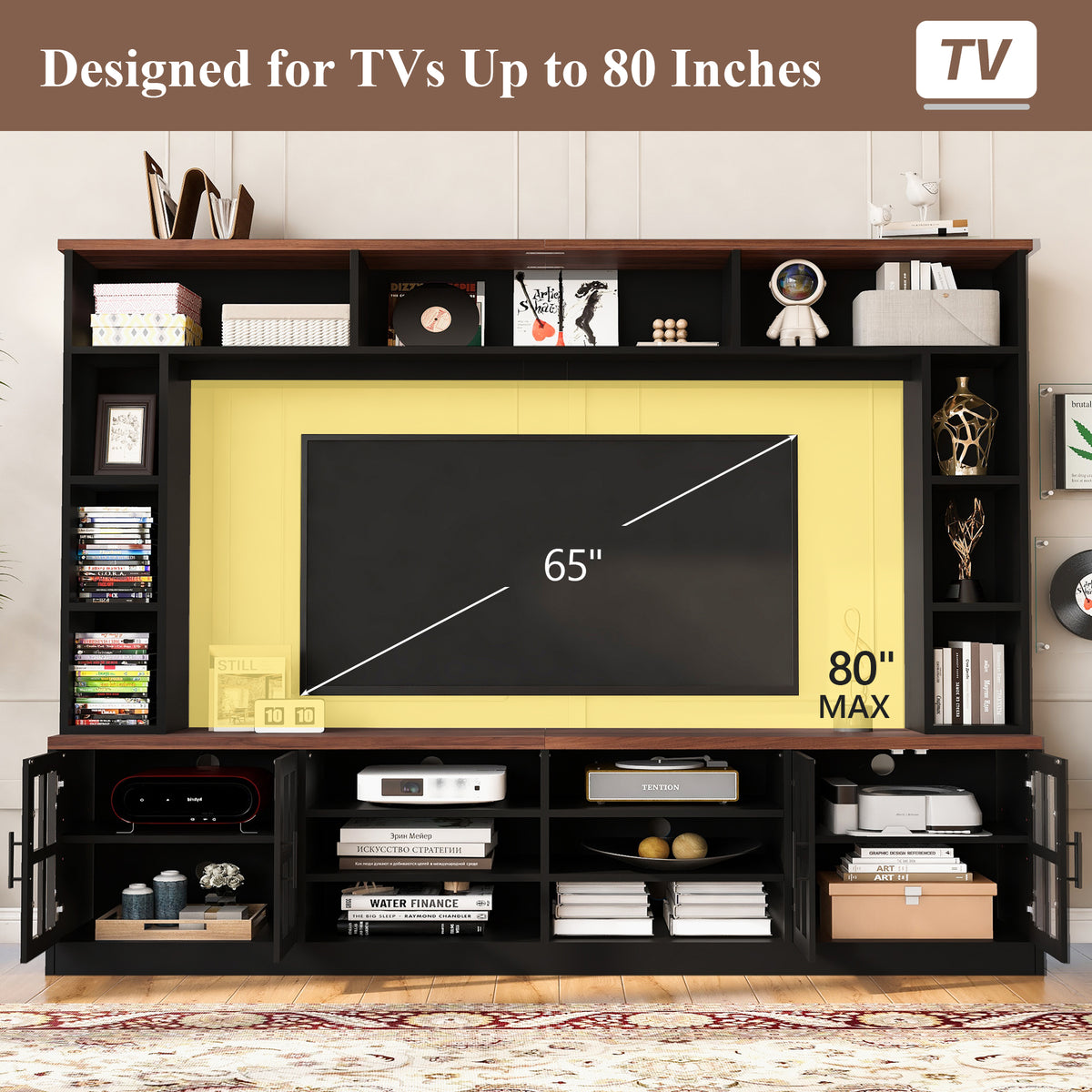 variant-group:rf-n724sj000161aab|Roomfitters 102"W Wall Unit Modern Entertainment Center, 18 Open Storage Shelves, Black