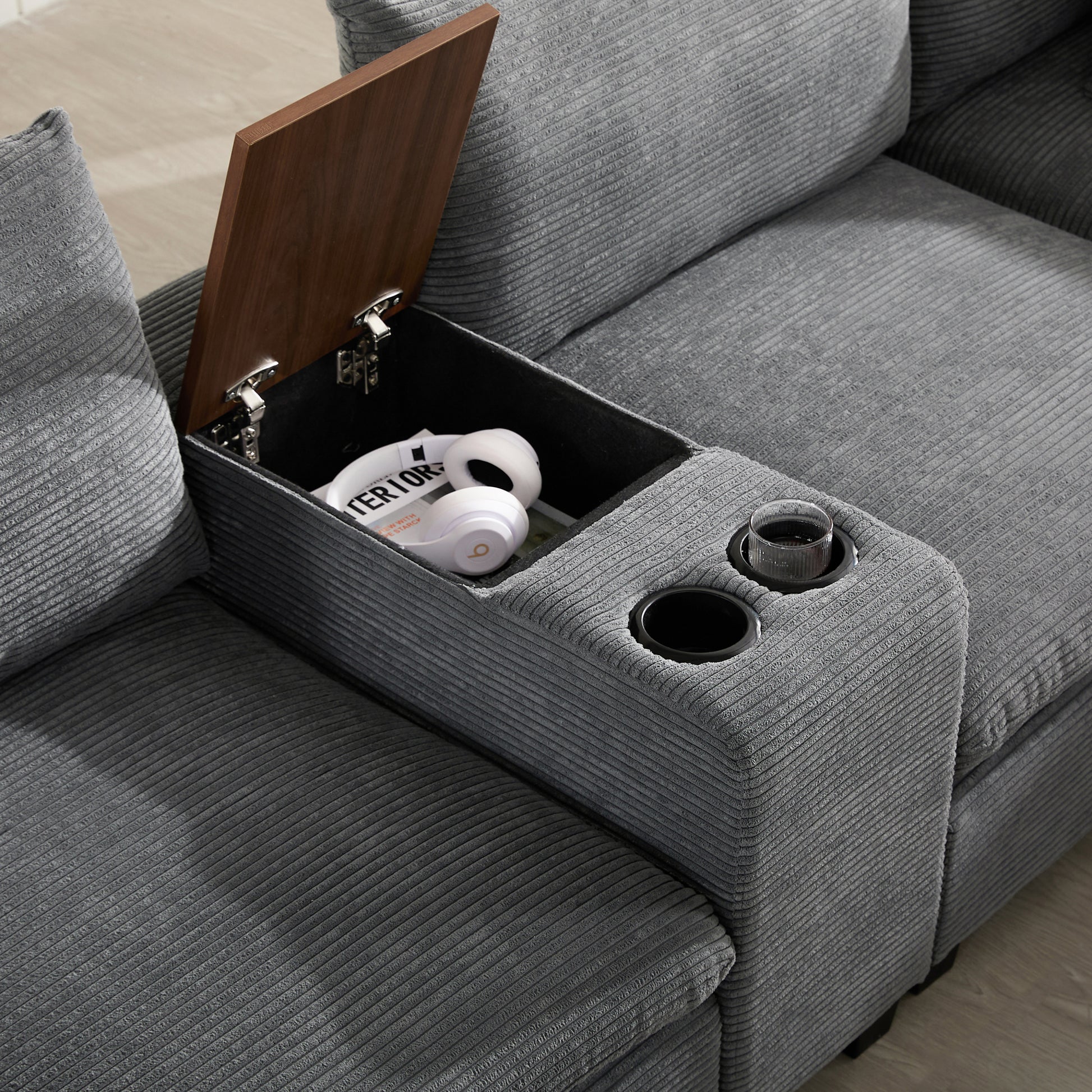 variant-group:rf-n723s1166e|Roomfitters 139 Inch U-Shaped Modular Sectional Sofa with Storage Console, Cup Holders and USB Ports for Living Room, Gray