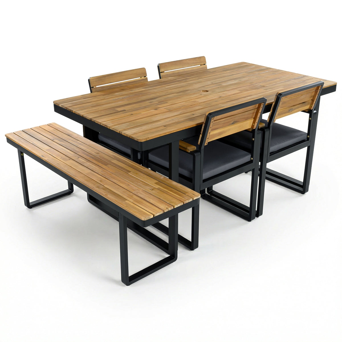 variant-group:rf-n704g201255e|Roomfitters 6-Piece Solid Acacia Wood Patio Dining Set with Steel Frames and Cushion Chairs Gray