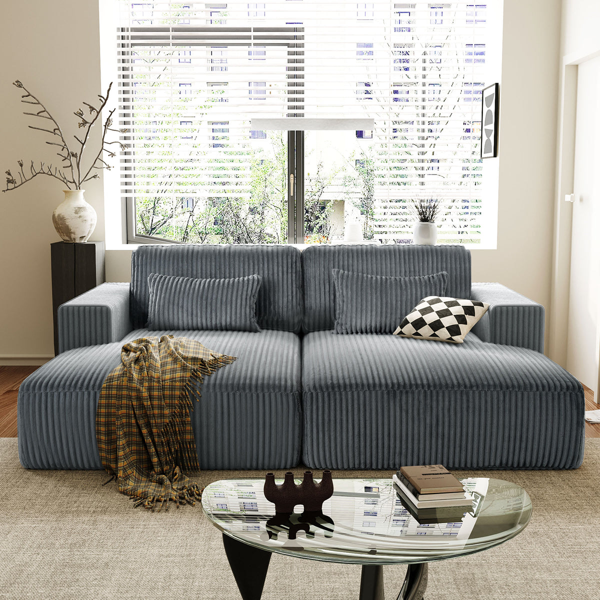 variant-group:rf-n711wy000449aae|Roomfitters Corduroy Double Sofa Bed with Pillows, Modern Convertible Couch for Living Room, Apartment, Gray