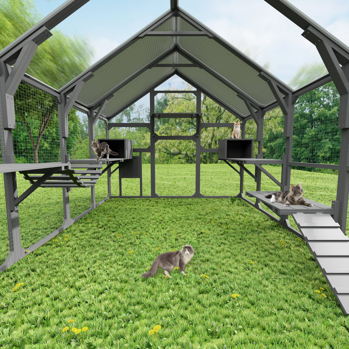 Roomfitters Large Catio Outdoor Cat Enclosure Wooden Cat House with 7 Platforms 2 Resting Boxes and Bridge Gray Roomfitters