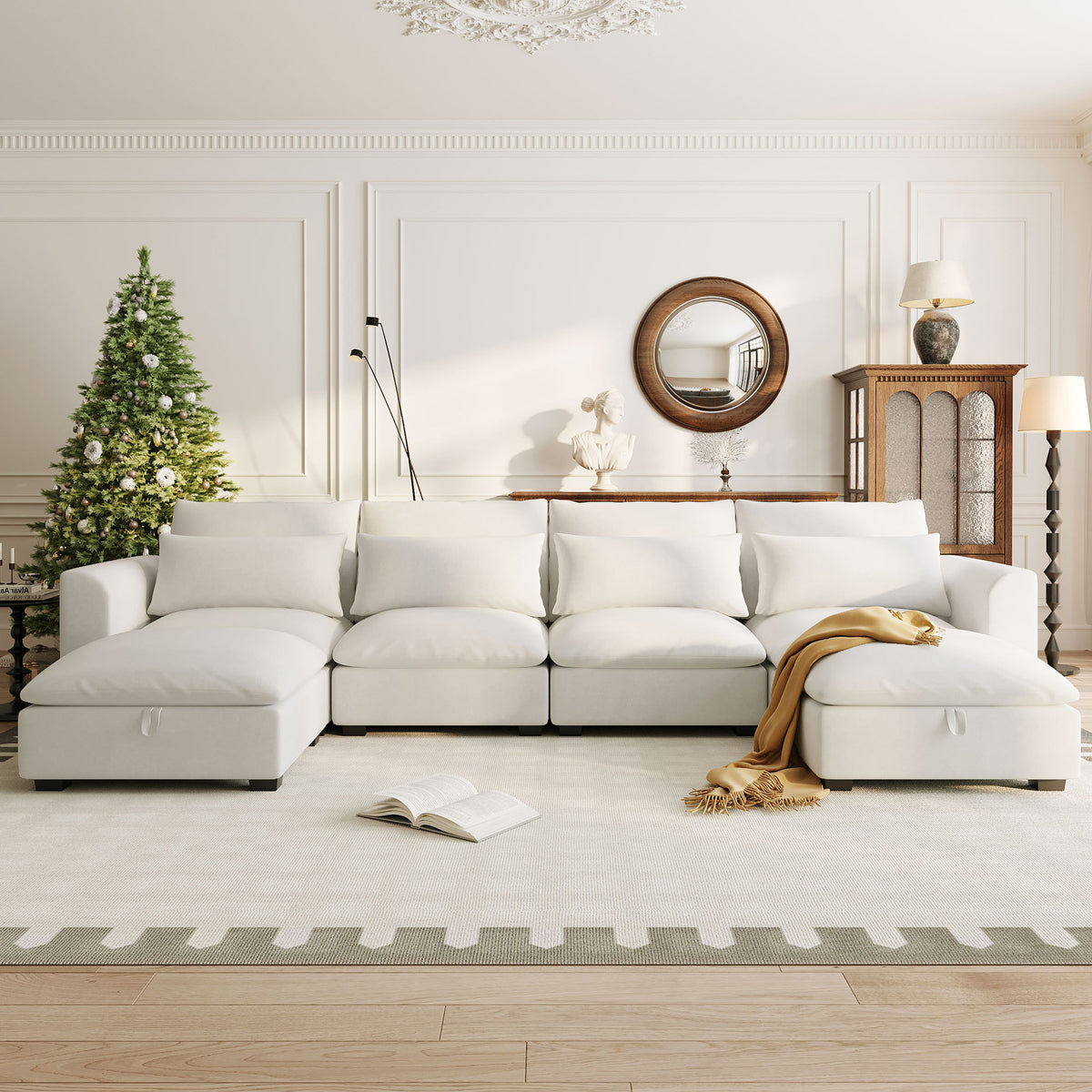 variant-group:rf-n711wy000491aaa|Roomfitters 131.3-Inch Modern U-Shaped Sectional Sofa, 6-Seater Linen Blend Couch, 2 Storage Ottomans, Pit Lounge, Beige