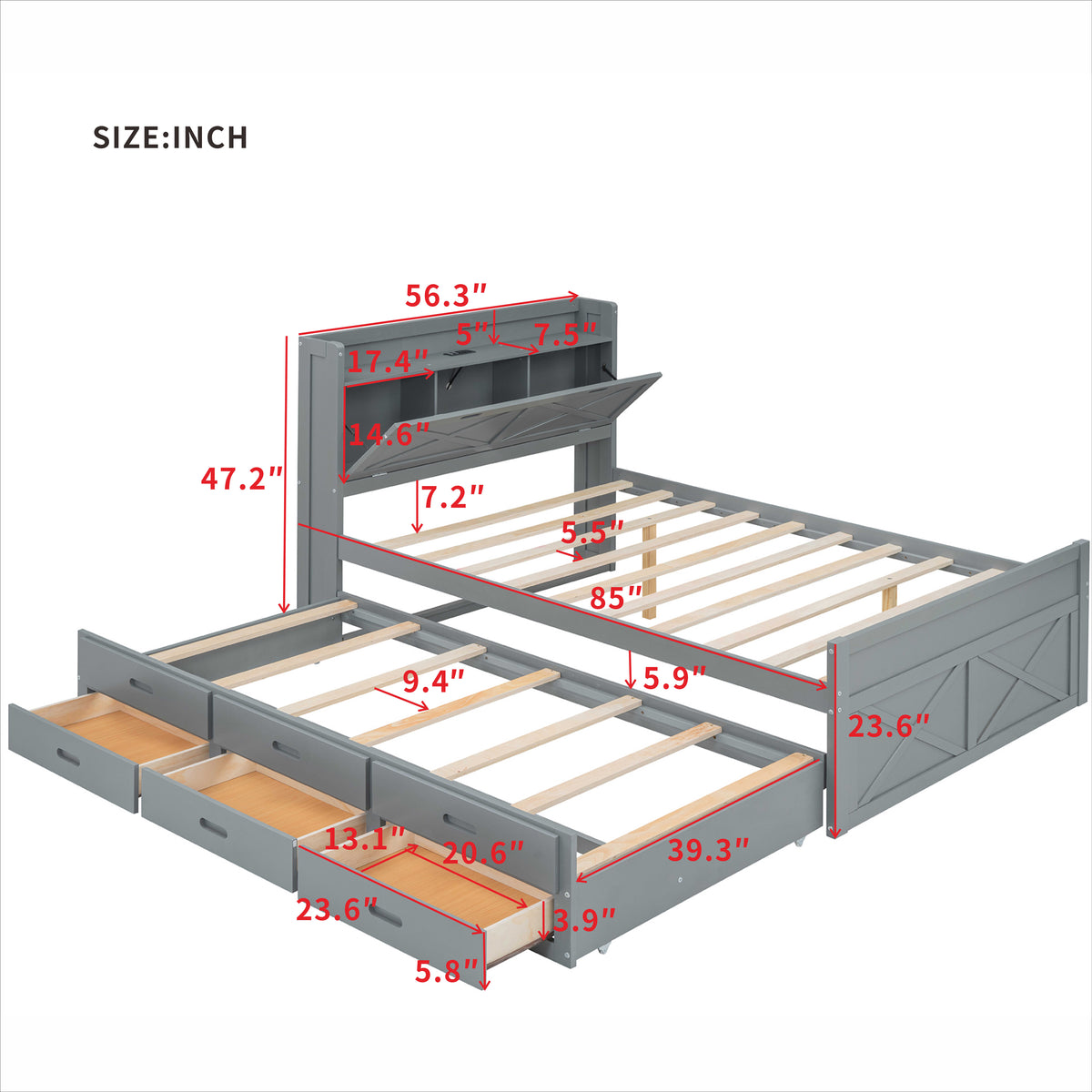 variant-group:rf-n733s172712e|Roomfitters Full Size Wooden Bed with Storage Headboard, Built-In Outlets, Extendable Design with Twin Trundle and Practical Storage, Gray