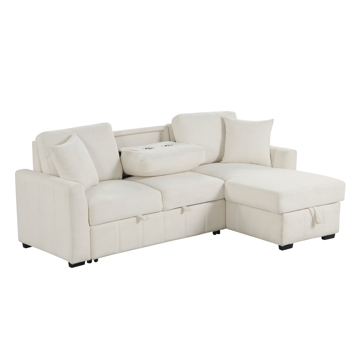 variant-group:rf-n711wy000467aaa|Roomfitters 90" L-Shaped Sectional Sleeper Sofa with Storage Chaise and Pull Out Bed, Fold Down Cup Holder Table, Beige