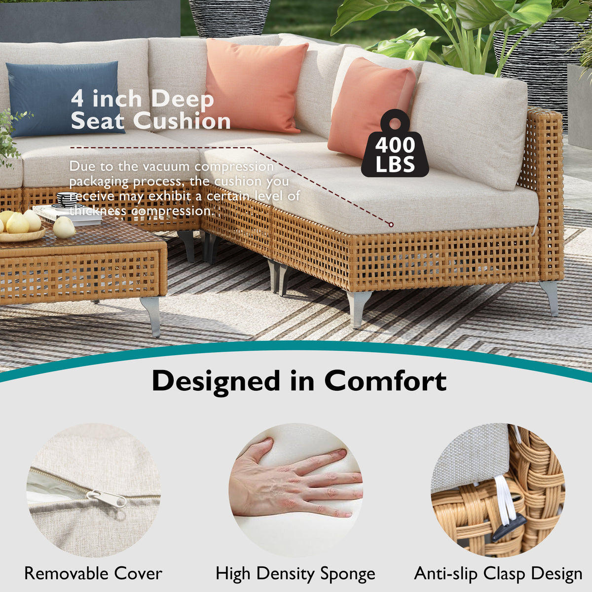 variant-group:rf-n707s000012z|Roomfitters 8-Piece Patio Furniture Set with 43" Fire Pit Table, Outdoor Conversation Set with Thick Cushions, Beige