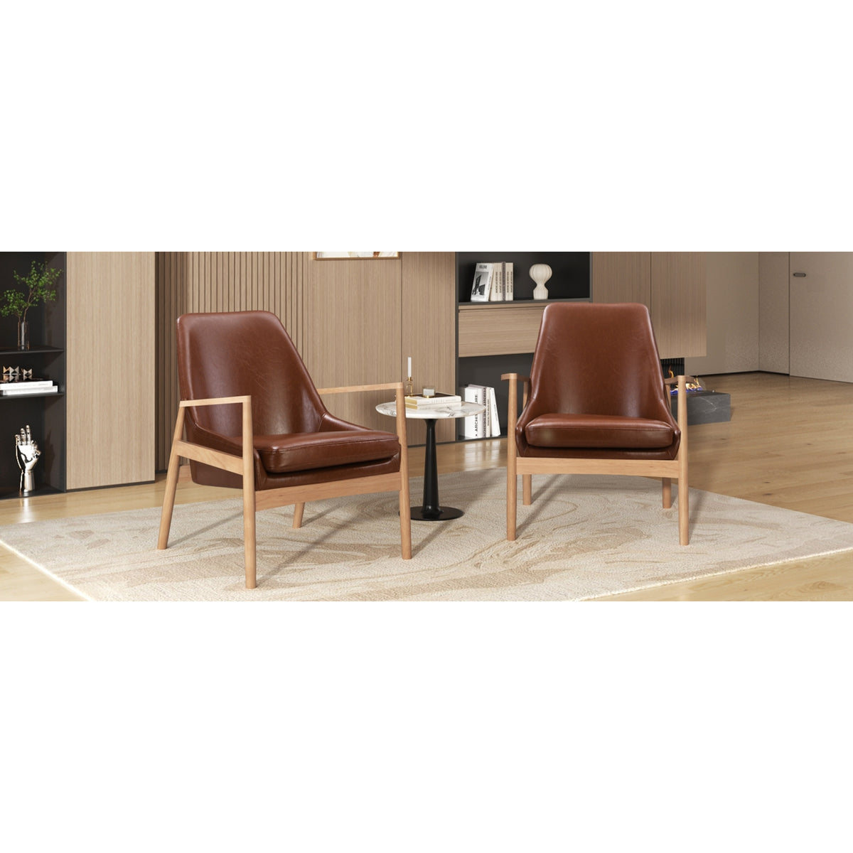 variant-group:rf-n724sj000145aad|Roomfitters PU Leather Mid-Century Accent Chairs with Solid Wood Frame and High Backrest, Set of 2, Brown