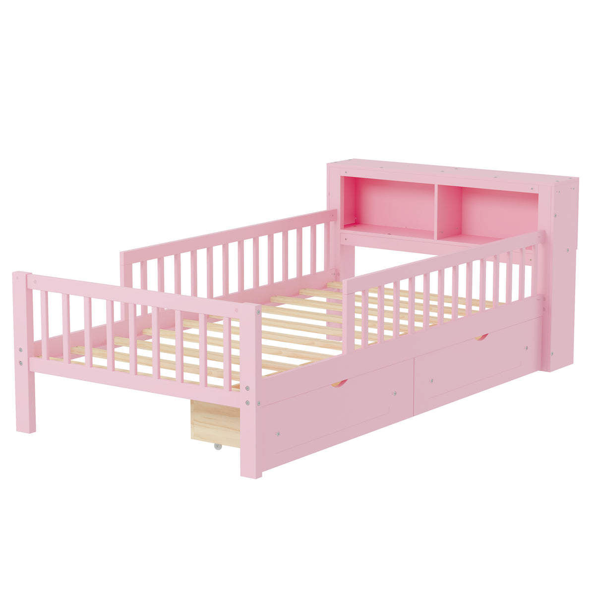 variant-group:rf-n733p272374h|Roomfitters Twin Bed with Headboard Storage Rack, Under-Bed Storage and Three-Side Guardrails, Pink