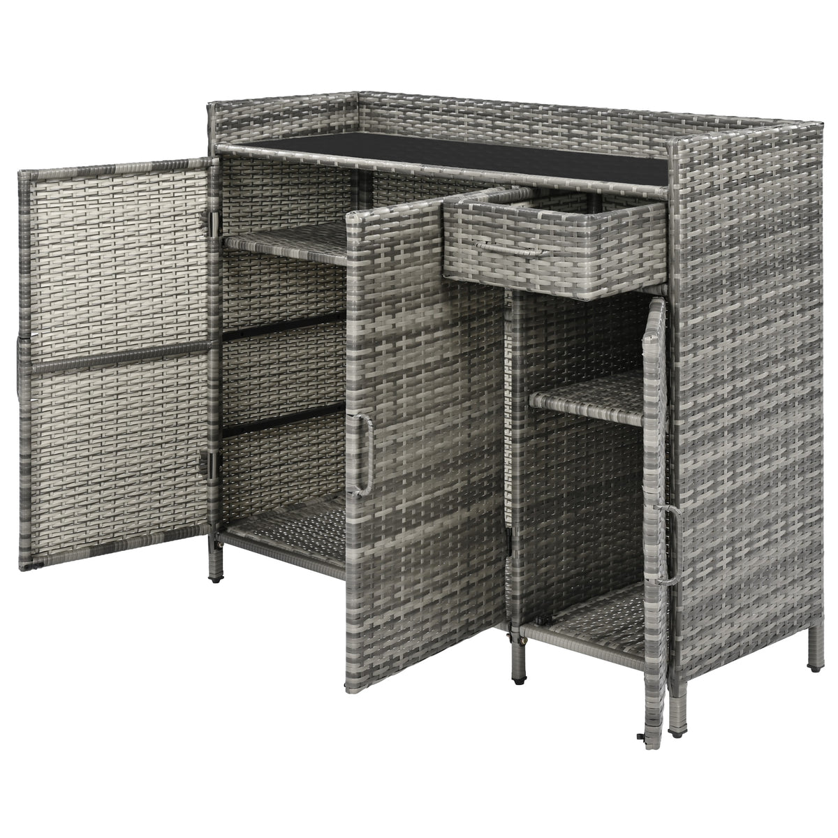 variant-group:rf-n707p233745g|Roomfitters 47.5" Wicker Outdoor Storage Cabinet, Rattan Bar Table with Glass Top, Adjustable Shelf, 3 Doors, Grey