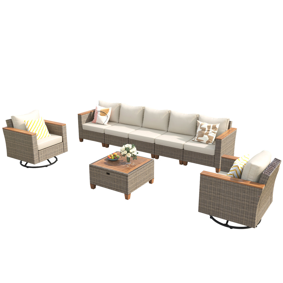 variant-group:rf-n707s005016z|Roomfitters 8-Piece Patio Furniture Set with 360 Swivel Rocker Chairs, Modular Outdoor Sectional Sofa & Table, Beige+Brown