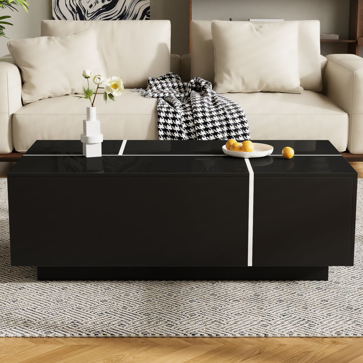 variant-group:rf-n724p292070b|Roomfitters Glossy Extendable Coffee Table with 2 Drawers and Hidden Storage Compartments, Multi-Functional Design, Black