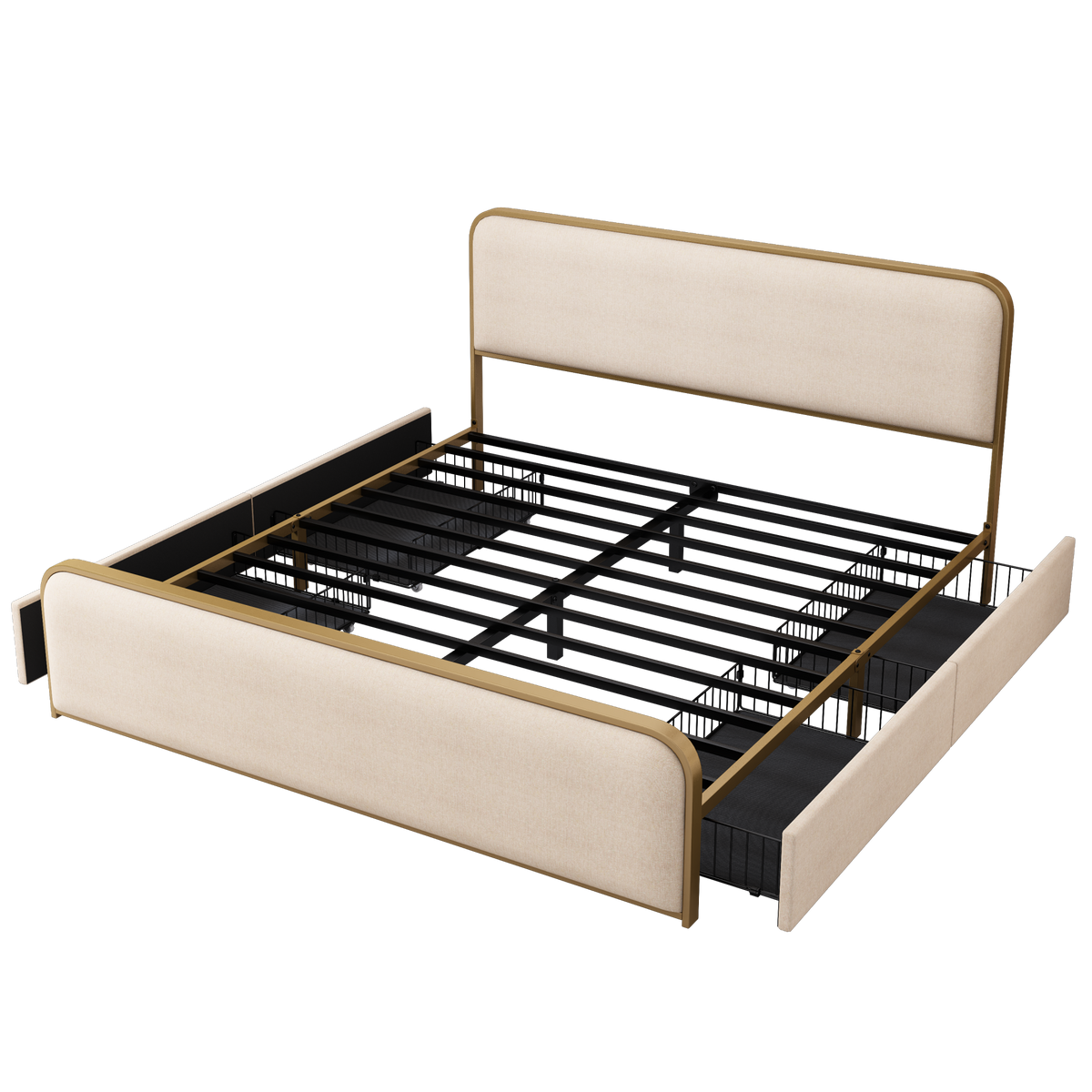 variant-group:rf-n701p229017c|Roomfitters King Size Upholstered Platform Bed Frame with Gold Metal Trim, Padded Curved Headboard & Footboard, Beige+Gold