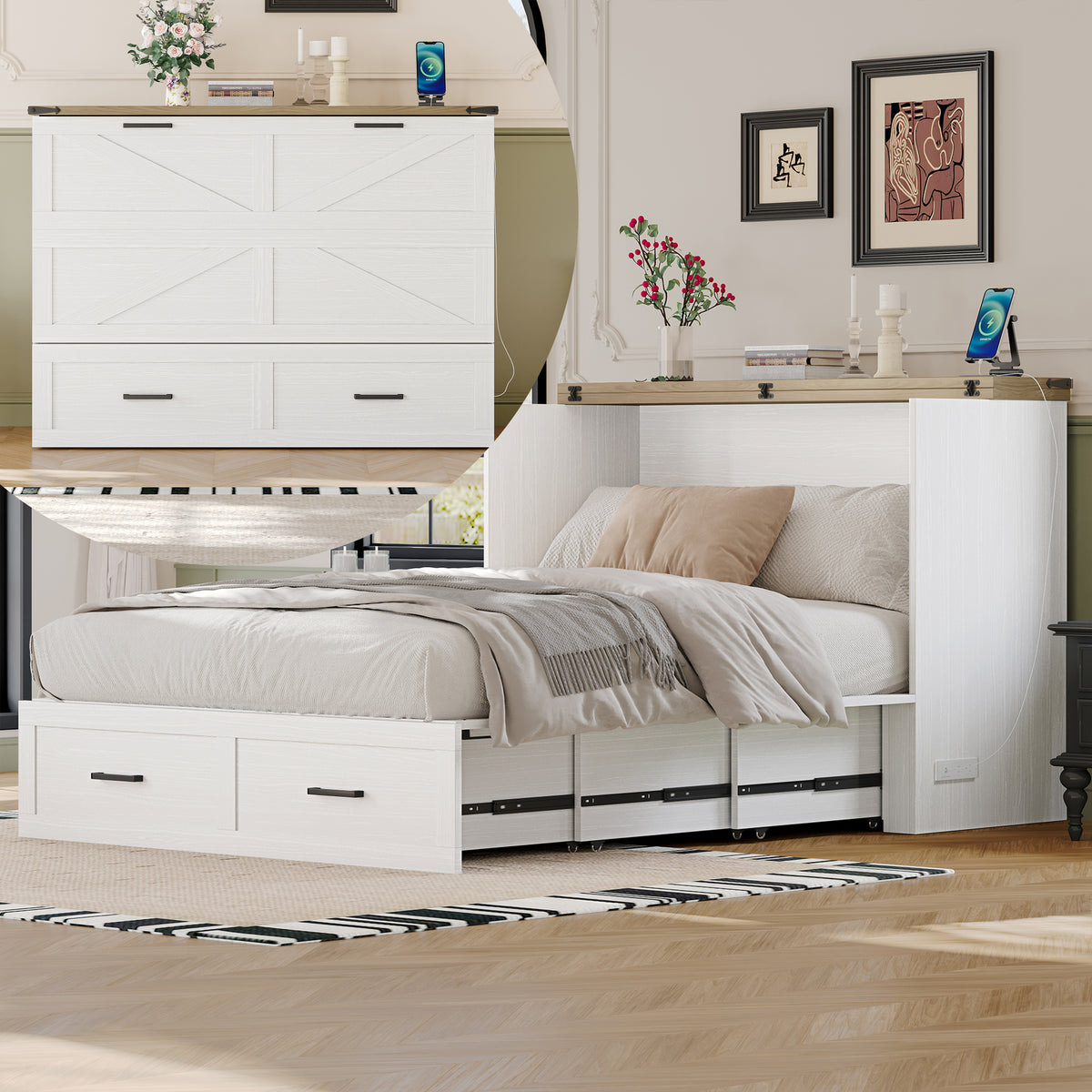 variant-group:rf-n733s237853w|Roomfitters Full Size Farmhouse Murphy Cabinet Bed with Charging Station, Foldable Platform Bed with Large Storage for Guest Room, Small Bedroom, White