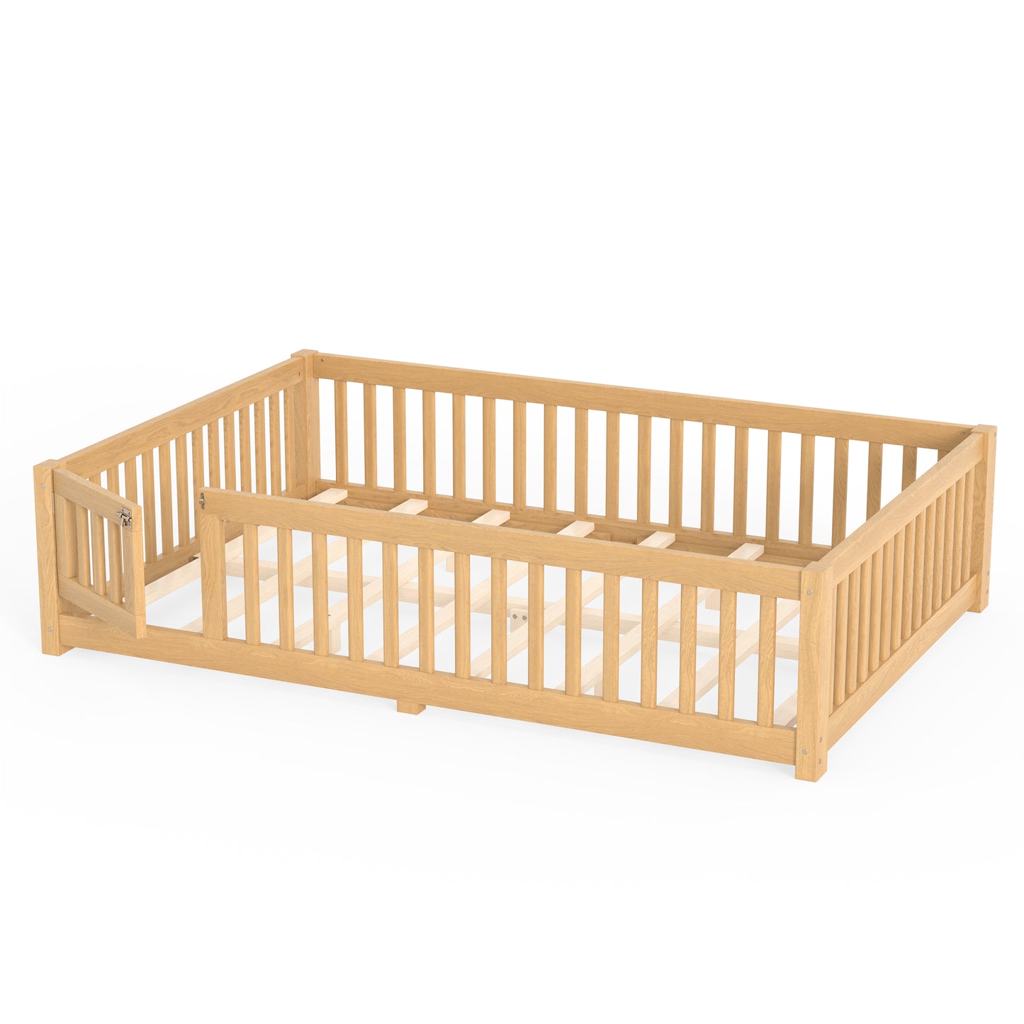 variant-group:rf-w1580p462325|Roomfitters Queen Size Wooden Floor Bed Frame with Safety Guardrails Door, Solid Wood Low Profile Toddler Play Bed, Natural
