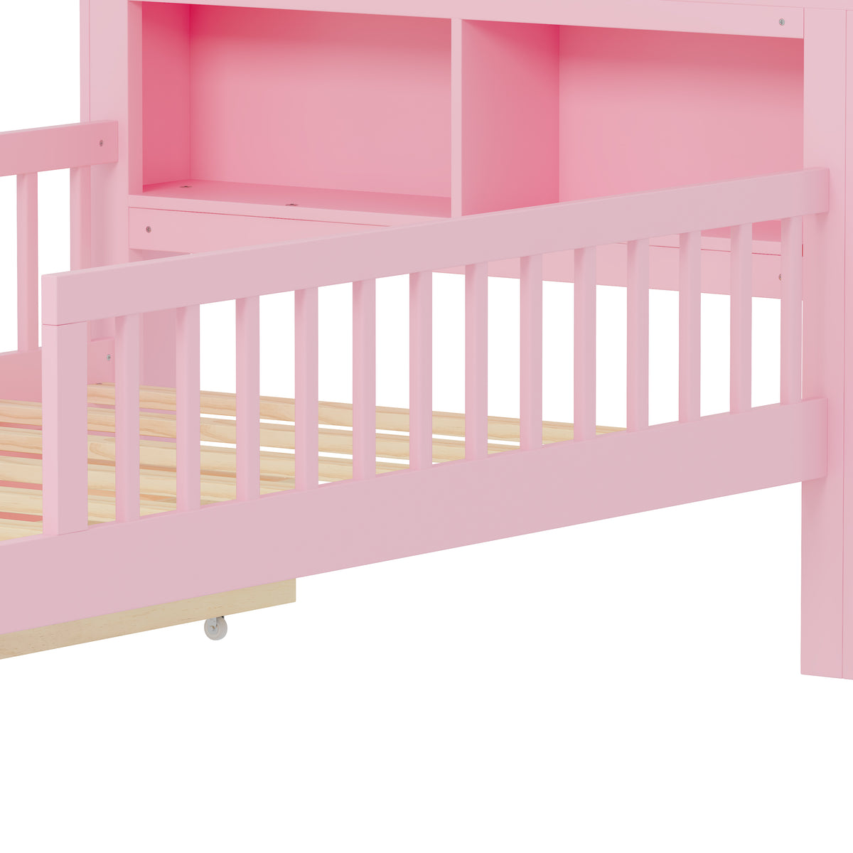variant-group:rf-n733p272374h|Roomfitters Twin Bed with Headboard Storage Rack, Under-Bed Storage and Three-Side Guardrails, Pink