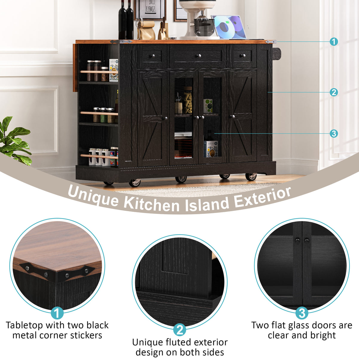 variant-group:rf-n707p263637b|Roomfitters 53" Rolling Kitchen Island with Drop Leaf, Mobile Cart with Glass Doors, 5 Side Shelves & Power Outlets, Black
