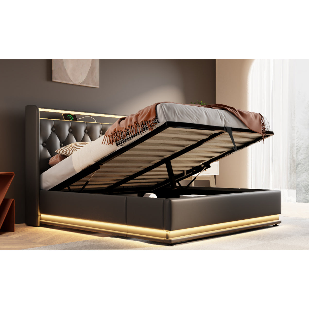 variant-group:rf-n736p188807b|Roomfitters Queen Size Upholstered Storage Bed with USB Type-C Charging and Remote Control, Faux Leather Black