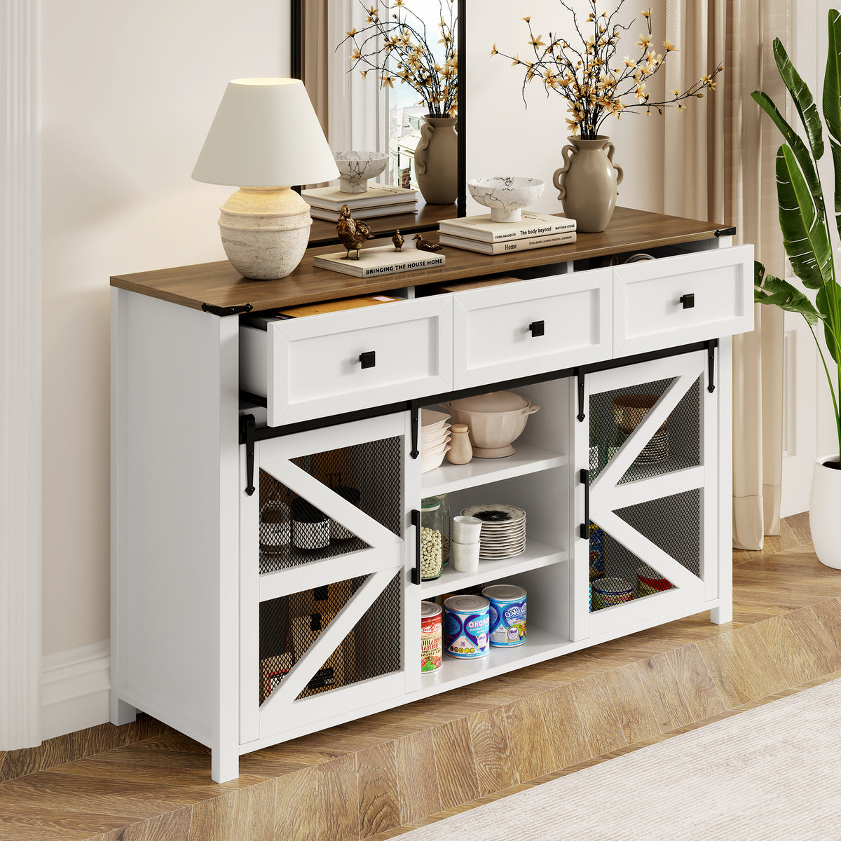 variant-group:rf-n711p347384k|Roomfitters 55" Sideboard Buffet Cabinet with 3 Drawers and Sliding Barn Doors, Farmhouse Storage for Kitchen & Dining, White