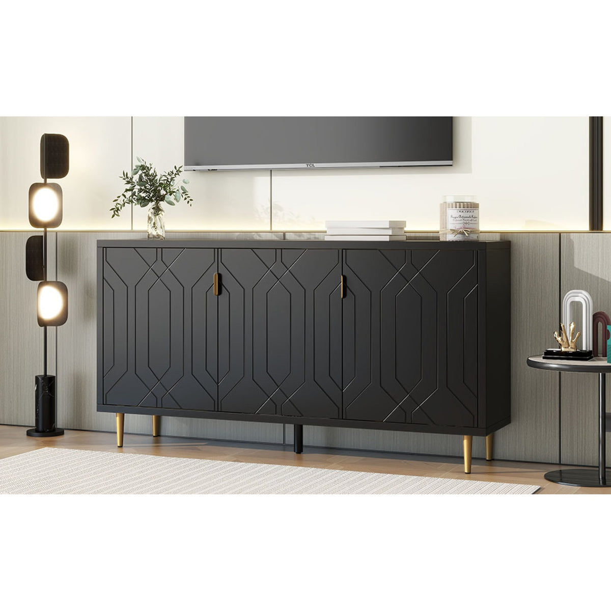 Roomfitters Modern TV Stand with 3 Doors and Adjustable Storage Shelves, Fits TVs up to 70 Inches, Black Roomfitters