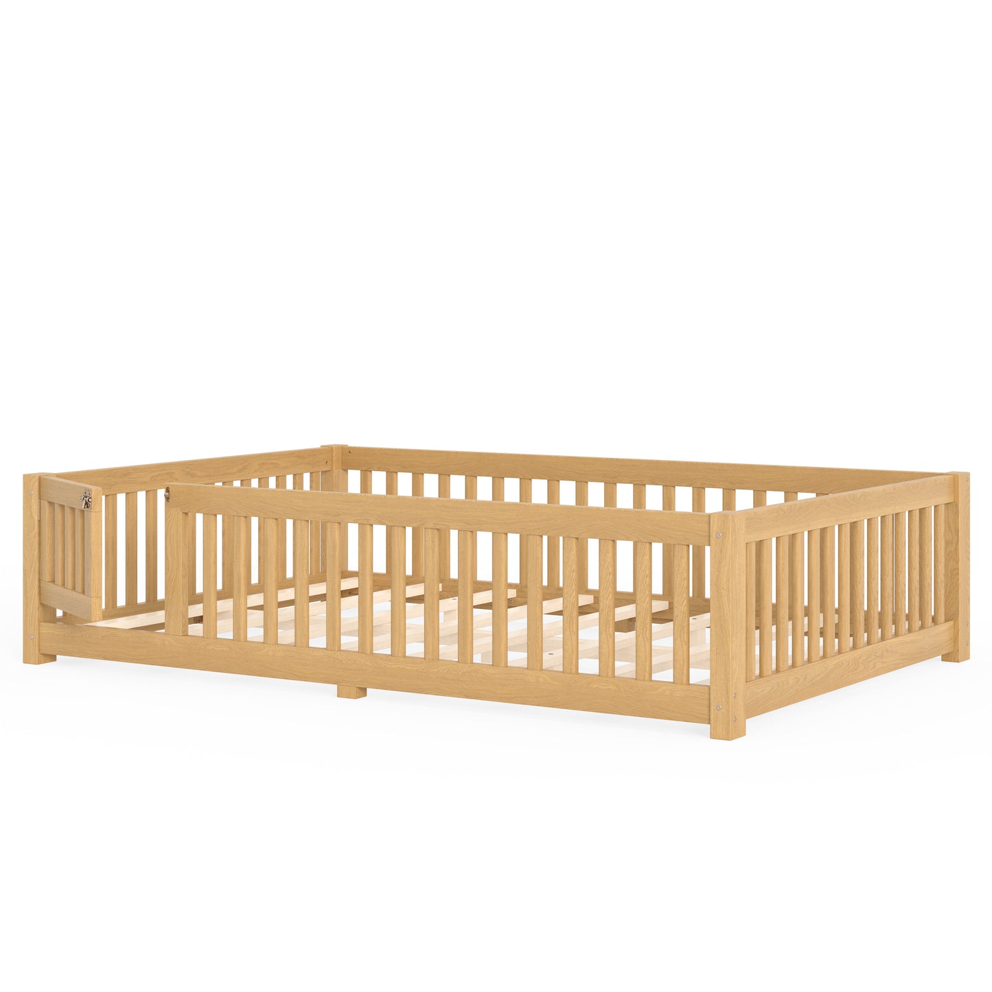 variant-group:rf-w1580p462325|Roomfitters Queen Size Wooden Floor Bed Frame with Safety Guardrails Door, Solid Wood Low Profile Toddler Play Bed, Natural
