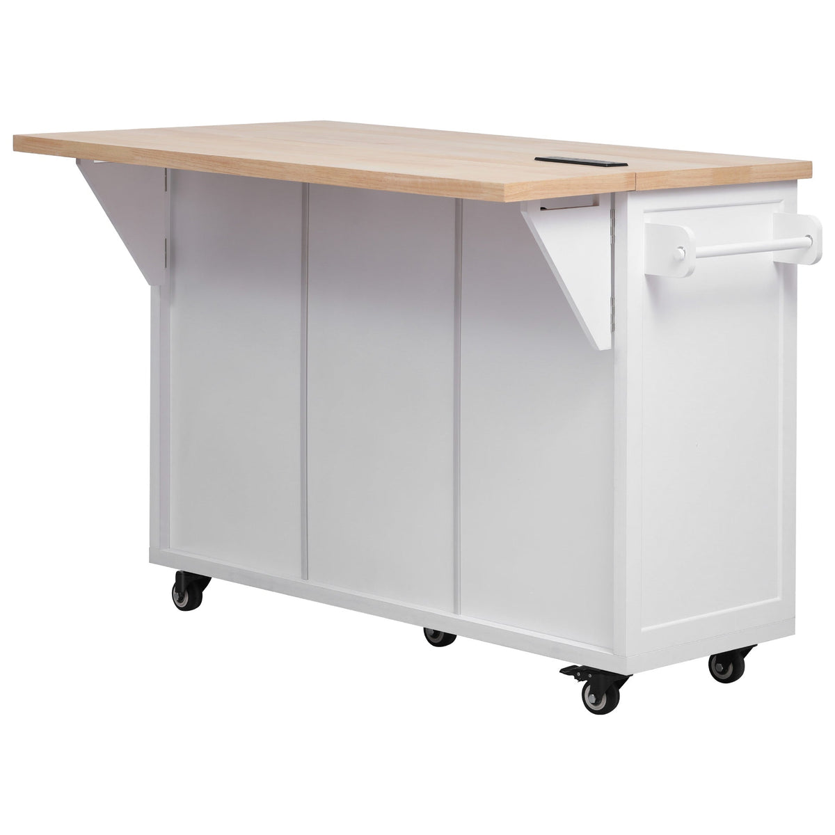 Roomfitters 56.5" Kitchen Island with Drop Leaf, Rolling Kitchen Cart with 5 Storage Drawers, Spice Rack & Towel Holder, White