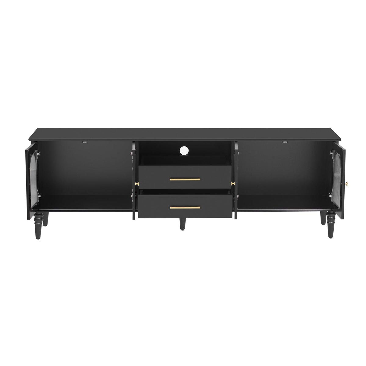 Roomfitters Retro TV Stand for up to 75 Inch TV, Fluted Glass Door Media Console with Five Wood Legs, Black Roomfitters