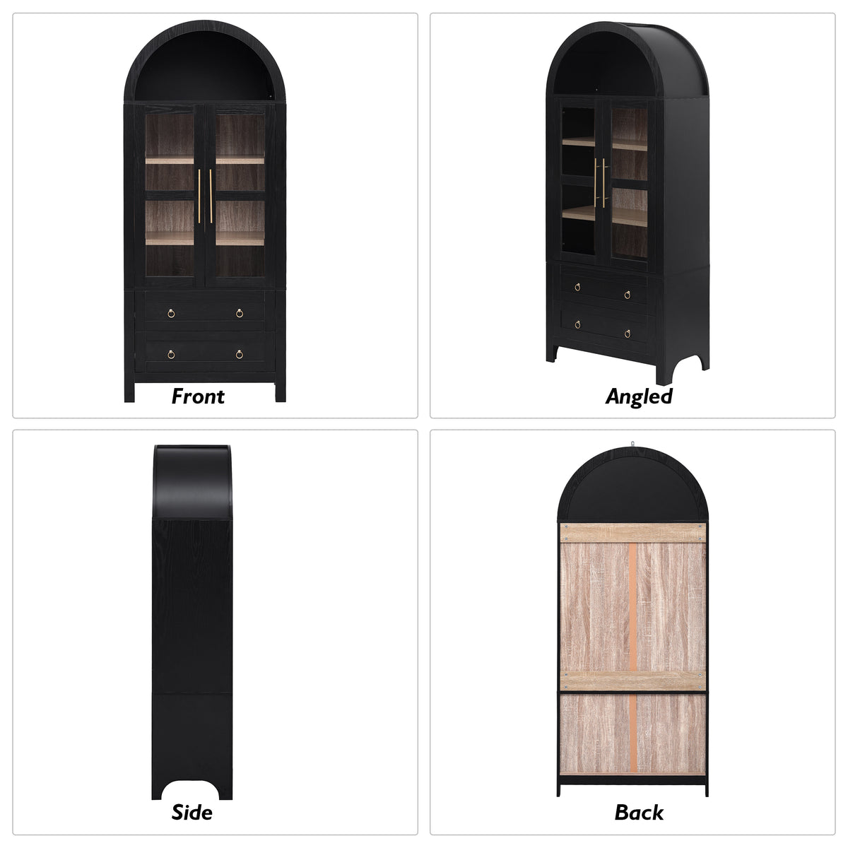 variant-group:rf-n707p288972b|Roomfitters 71" Pantry Cabinet with Arched Top and Glass Doors, 2 Storage Drawers and Adjustable Shelves for Kitchen, Black