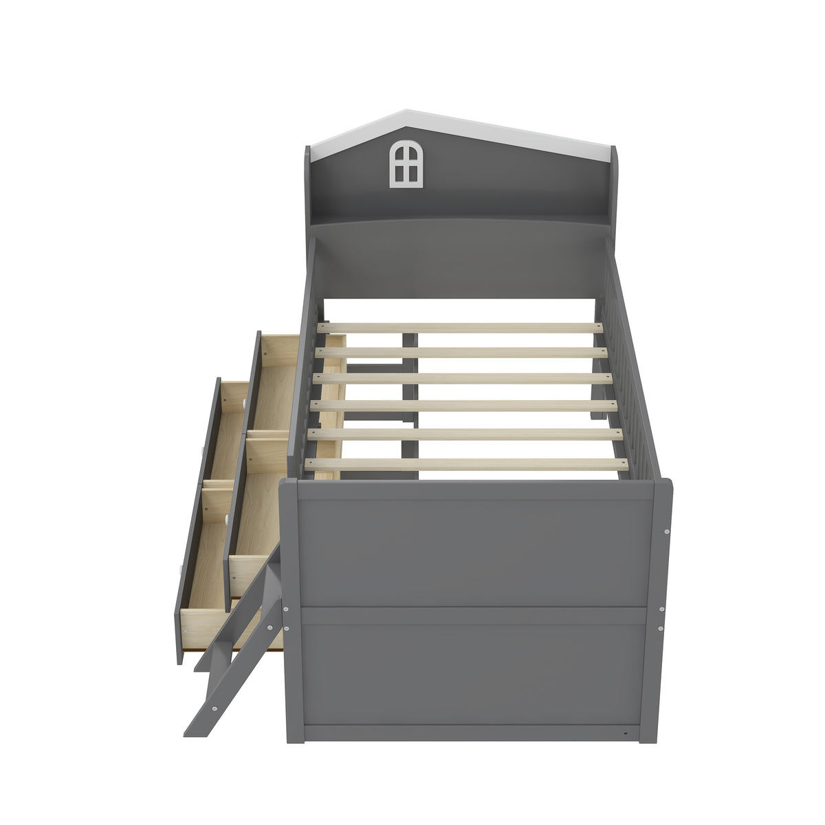 variant-group:rf-n733s278032e|Roomfitters Twin Platform Bed Frame with Four Drawers, Wooden Kids Bed with Guardrail Headboard and Ladder, Gray