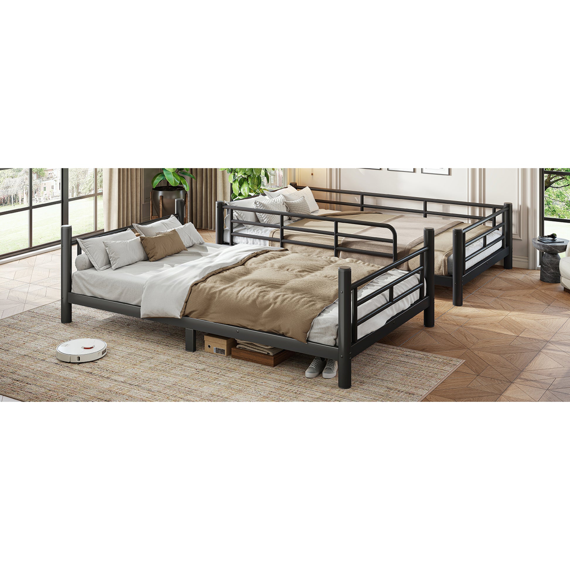 variant-group:rf-w1580p454721|Roomfitters Twin XL over Twin XL Metal Bunk Bed Frame for Teens Adults, Convertible 2 Separate Beds Round Tube, Black