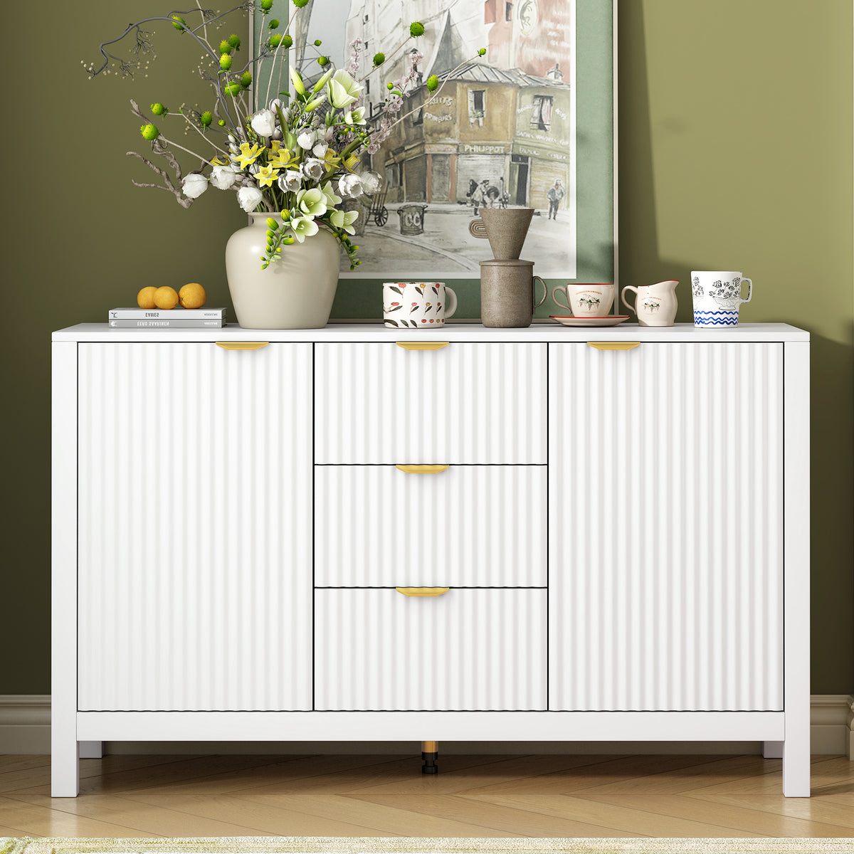variant-group:rf-n711p269066k|Roomfitters Sideboard Buffet Cabinet with 3 Drawers, Mid-century Modern Fluted Accent Storage for Kitchen & Dining, White