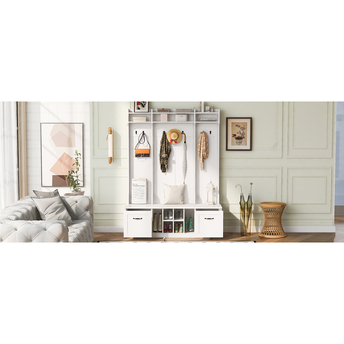variant-group:rf-n724p235232k|Roomfitters 5-in-1 Entryway Bench with Coat Rack, Hooks, Drawers and Adjustable Shelves, Hall Tree for Hallway or Living Room, White
