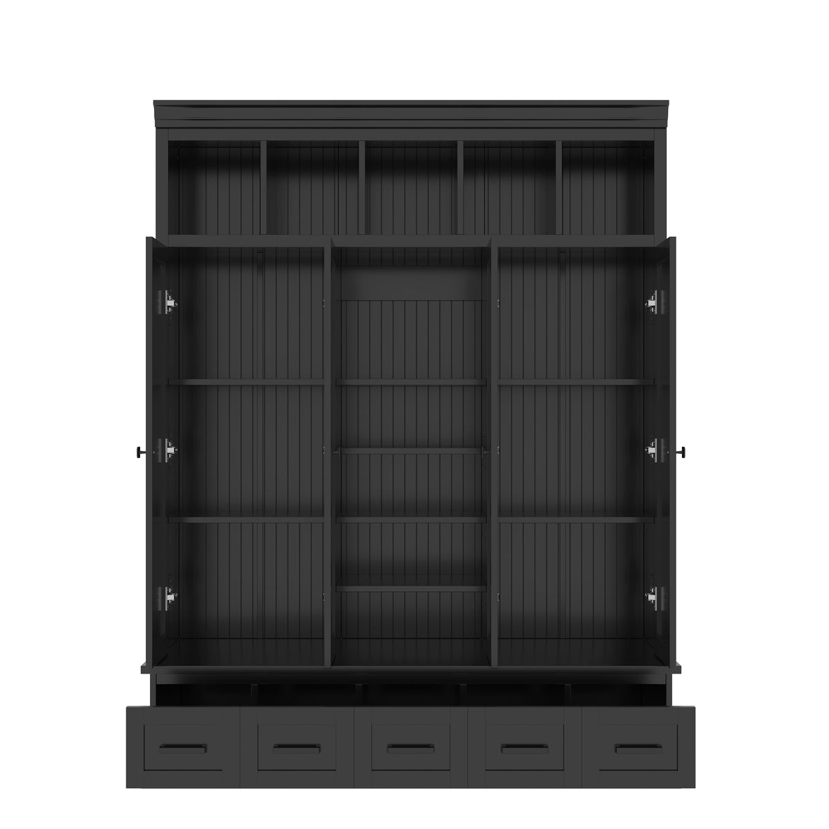 variant-group:rf-n724sj000139aab|Roomfitters 78.7" Hall Tree with Bench, 5 Cubbies, 4 Doors, 5 Drawers, Adjustable Shelves, Black