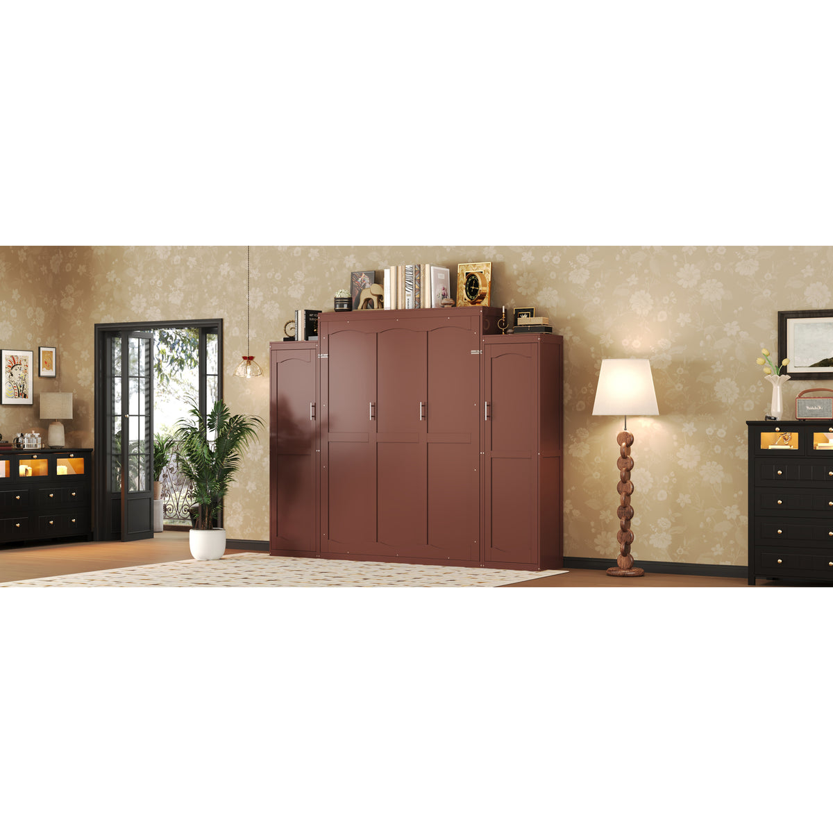variant-group:rf-n733s235627d|Roomfitters Queen Murphy Wall Bed with Two Wardrobes and Storage Shelf, Foldable Platform Bed Frame for Guest Room, Walnut