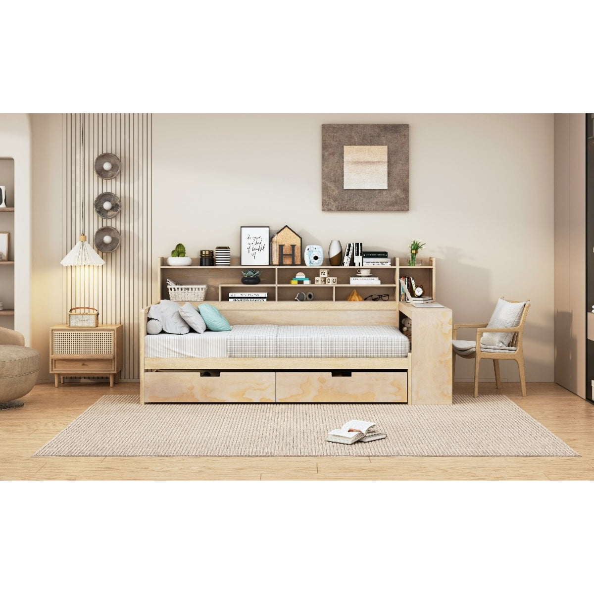 variant-group:rf-n733s241484m|Roomfitters Wooden Twin Size Daybed with Storage Shelves, Multi-functional Bed with Two Storage Compartments and Study Desk, Natural