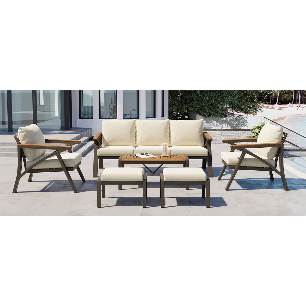 variant-group:rf-n704g201256a|Roomfitters 6-Piece Steel Conversation Set with 3-Seat Sofa Multi-Functional Ottomans and Acacia Wood Table Beige