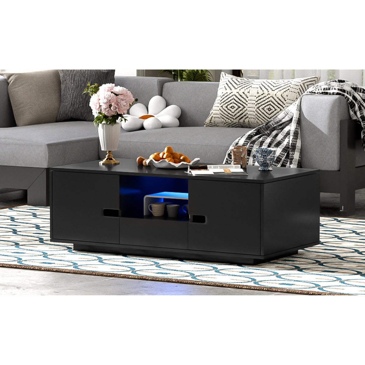 variant-group:rf-n724p294656b|Roomfitters Modern Glossy Coffee Table with Storage Space and Light Accent, Rectangle Center Table for Living Room, Black