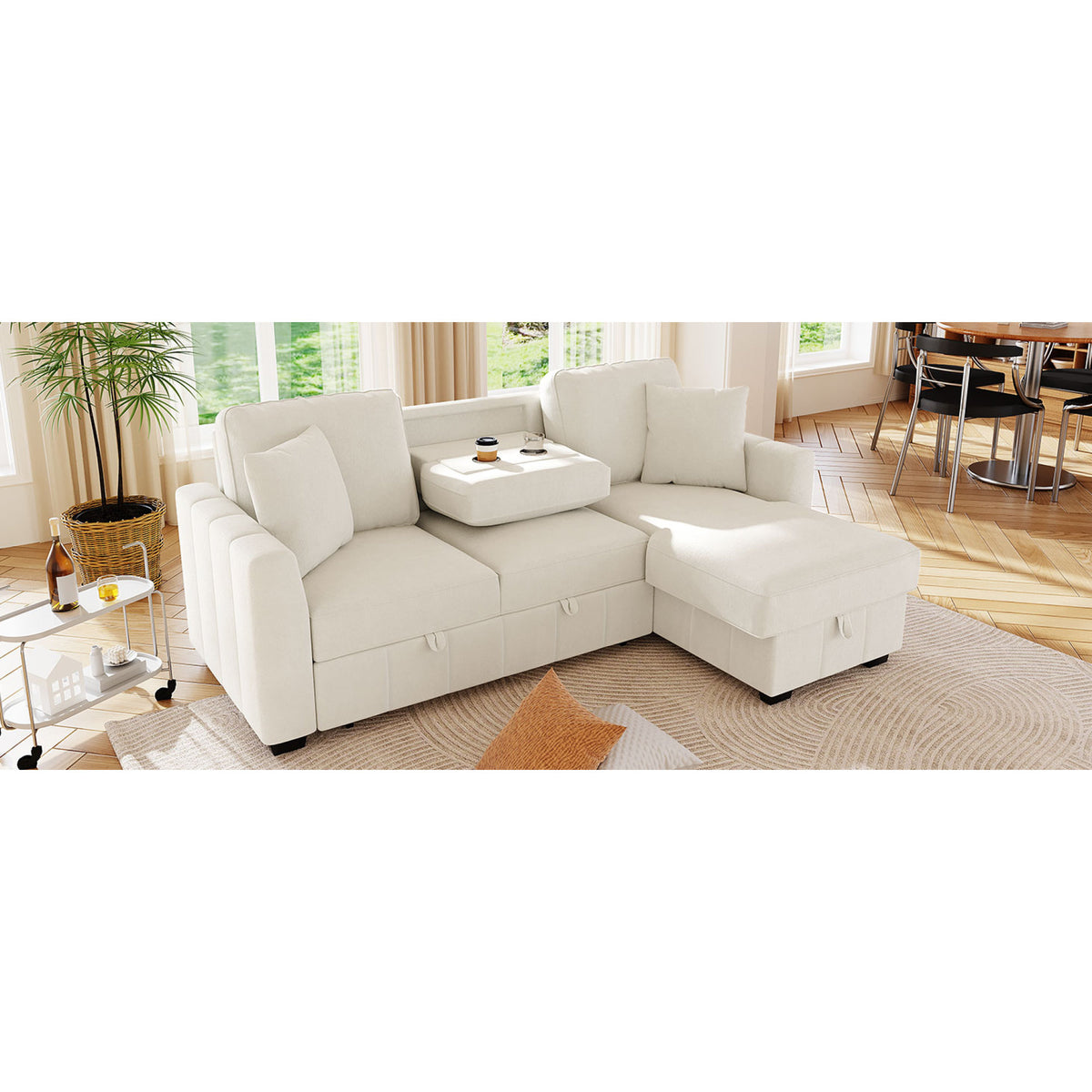 variant-group:rf-n711wy000467aaa|Roomfitters 90" L-Shaped Sectional Sleeper Sofa with Storage Chaise and Pull Out Bed, Fold Down Cup Holder Table, Beige