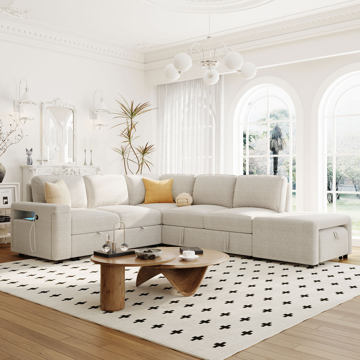 variant-group:rf-n711wy000390aaa|Roomfitters L-Shaped Padded Modular Sofa with Storage Space, USB Ports, and Cup Holders on the Armrests, Suitable for Living Rooms, Offices, and Apartments, Beige