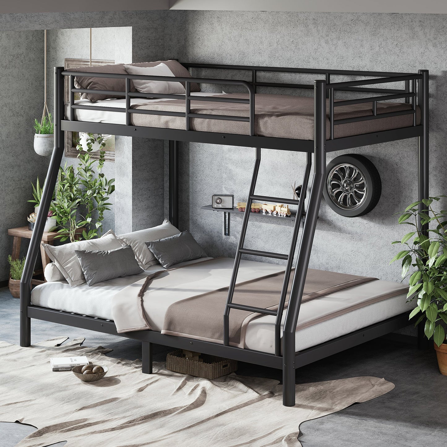 Roomfitters Twin over Full Bunk Bed Frame for Teens Adults, Heavy Duty Metal Round Tube Noise Free No Box Spring, Black