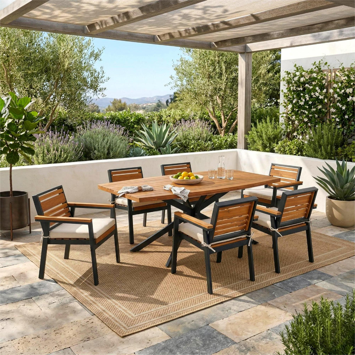 variant-group:rf-n704g201259a|Roomfitters Modern 7-Piece Patio Dining Set with Powder-Coated Iron Frame and Detachable Beige Cushions