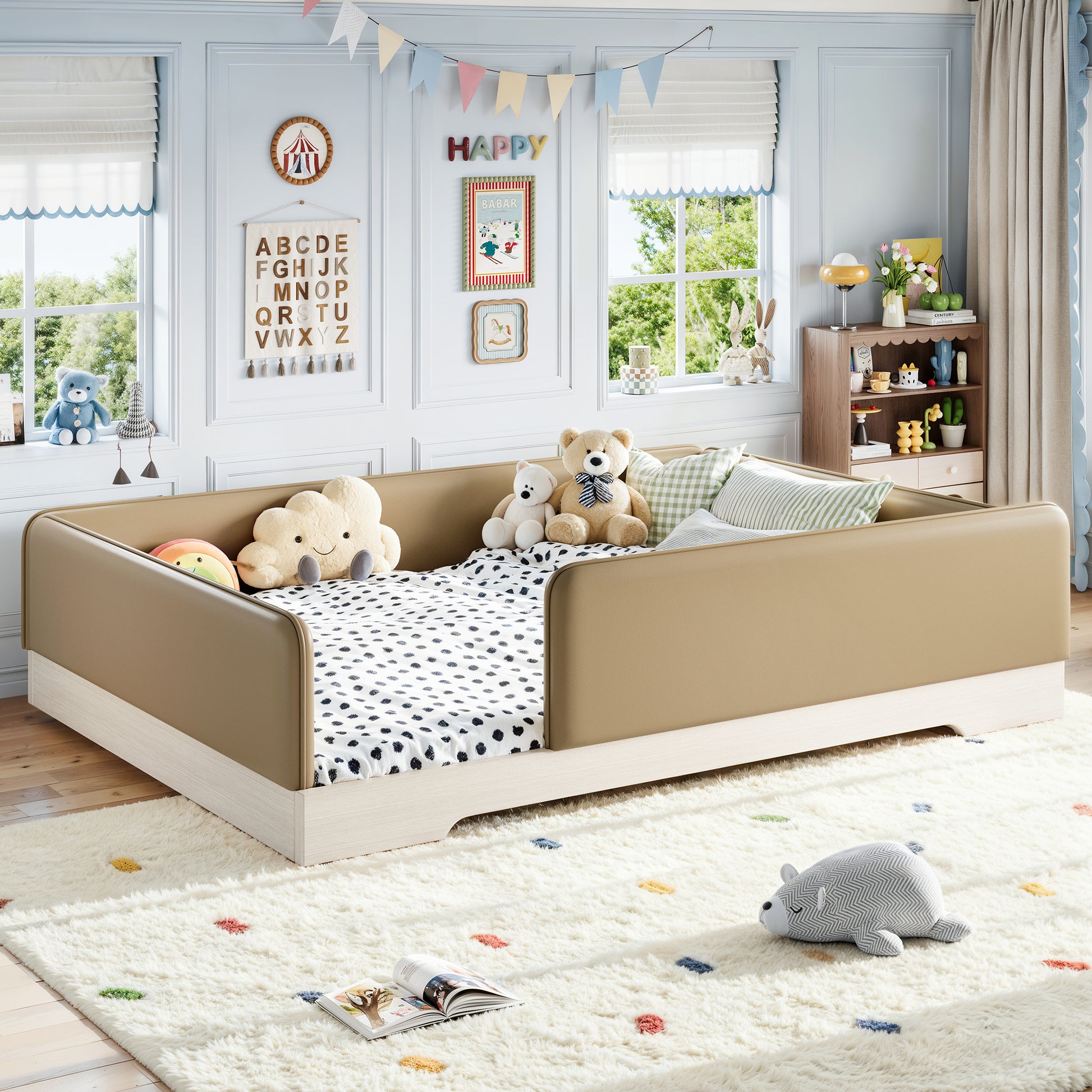 variant-group:rf-w1580s00672|Roomfitters Queen Size Upholstered Floor Bed Frame with Removable Guardrails, Faux Leather Low Profile Platform, Brown
