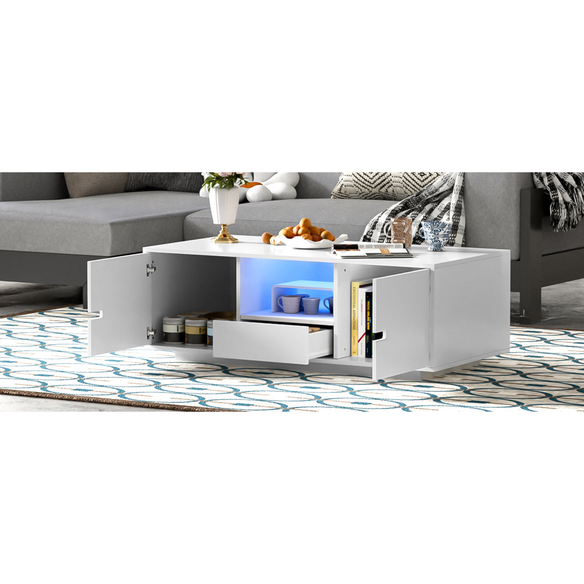 variant-group:rf-n724p294656k|Roomfitters Modern Glossy Coffee Table with Storage Space and Light Accent, Rectangle Center Table for Living Room, White