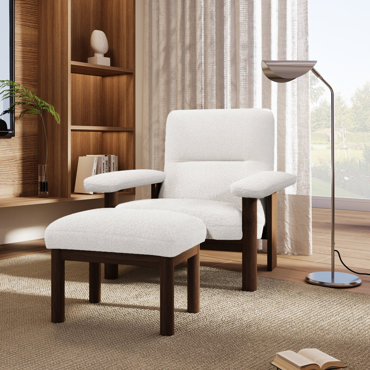 Roomfitters Mid-Century Accent Chair with Ottoman, Fabric Upholstered Armchair and Footrest Set with Wood Frame, White Roomfitters