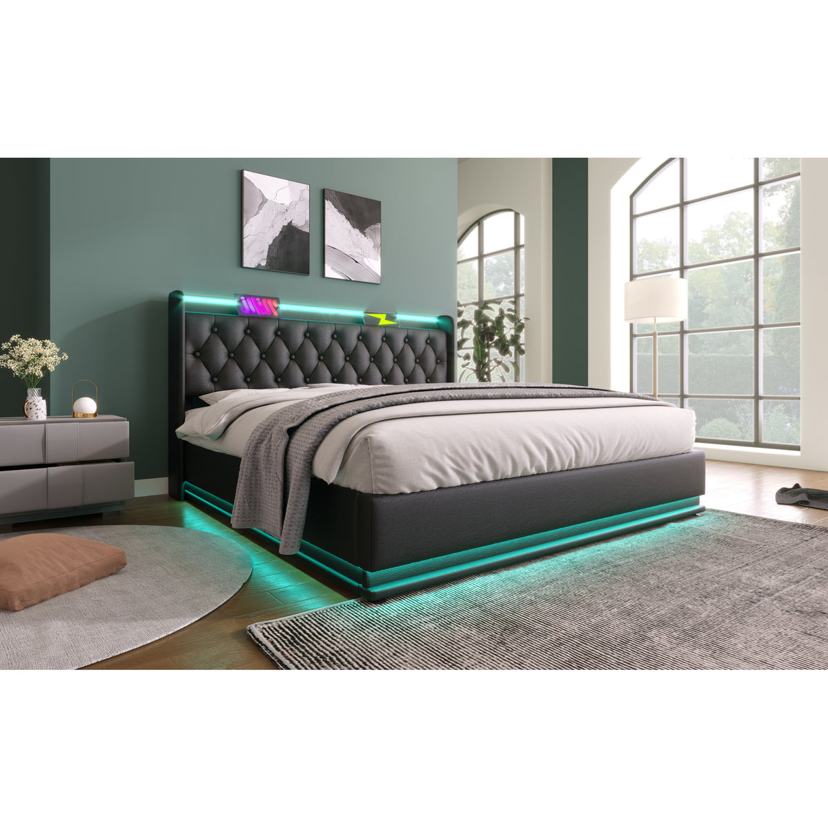 variant-group:rf-n736p188807b|Roomfitters Queen Size Upholstered Storage Bed with USB Type-C Charging and Remote Control, Faux Leather Black