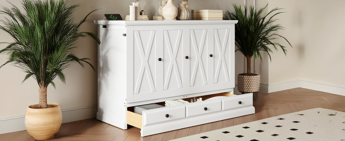 variant-group:rf-n701bs701p170501k|Roomfitters Full Size Murphy Bed Cabinet with Charging Station and Storage Drawer, Freestanding Fold Out Guest Bed, White