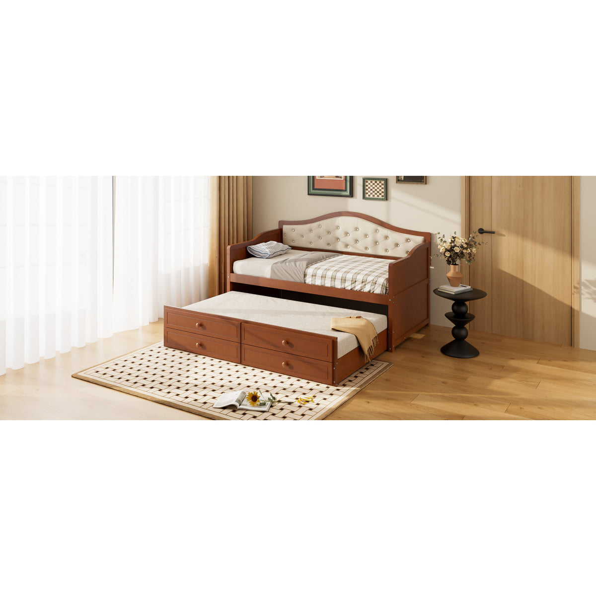 variant-group:rf-n733s346767d|Roomfitters Twin Daybed with Trundle, Wooden Sofa Bed with 2 Storage Drawers & Tufted Backrest, Walnut