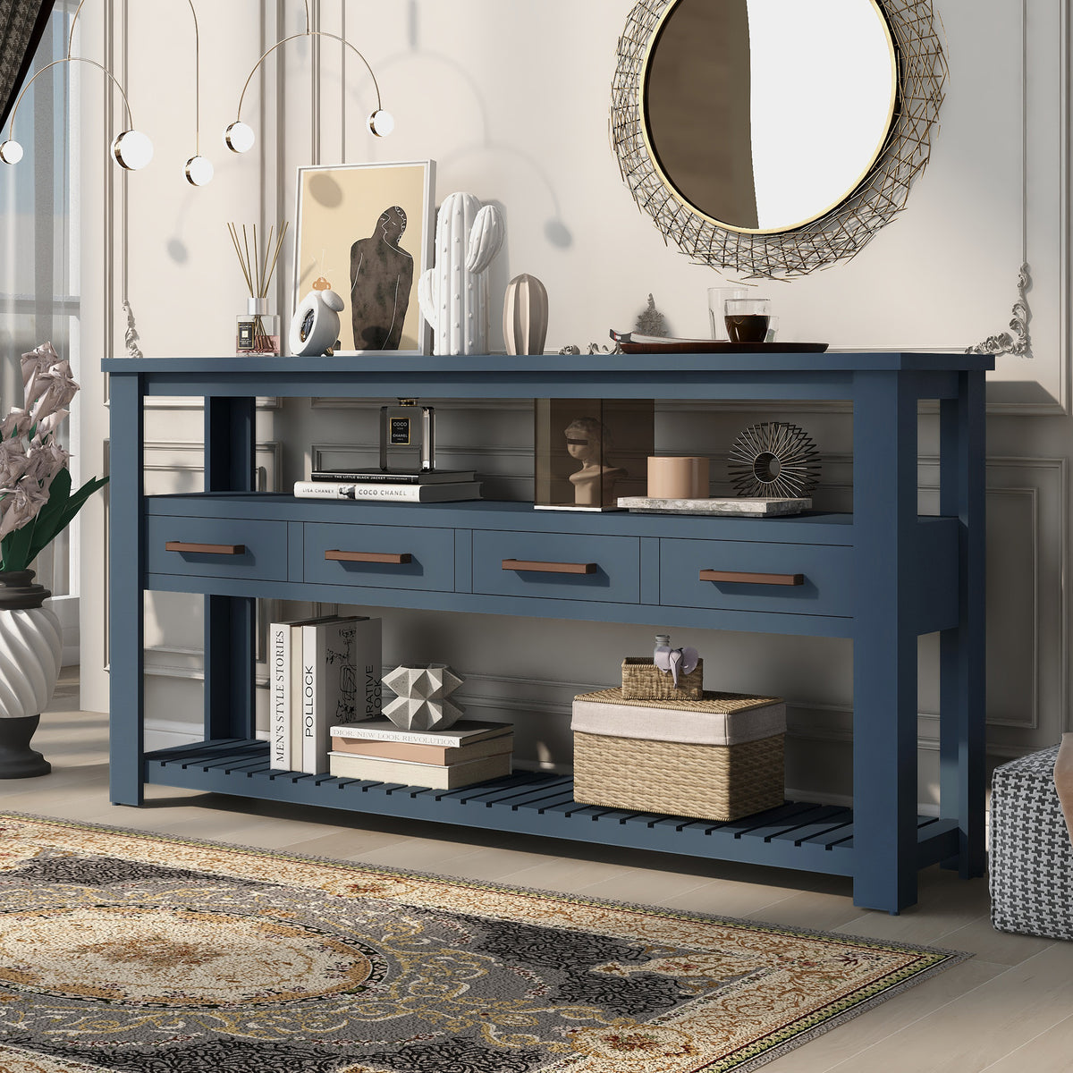 variant-group:rf-n711p410406v|Roomfitters 61.5" Entryway Table with 4 Drawers, 3-Tier Console Sofa Table with Open Shelves for Hallway, Navy Blue